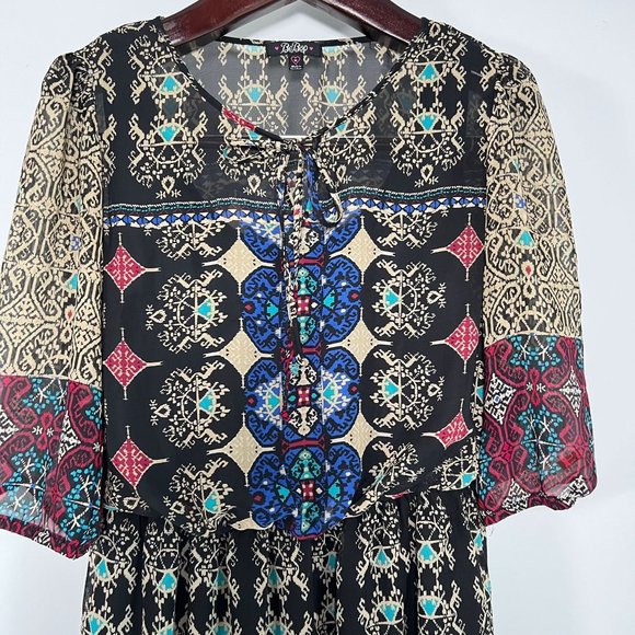 BeBop Black Print Sheer Mini Dress Size Medium Boho‎ Festival Dress - Picture 4 of 15